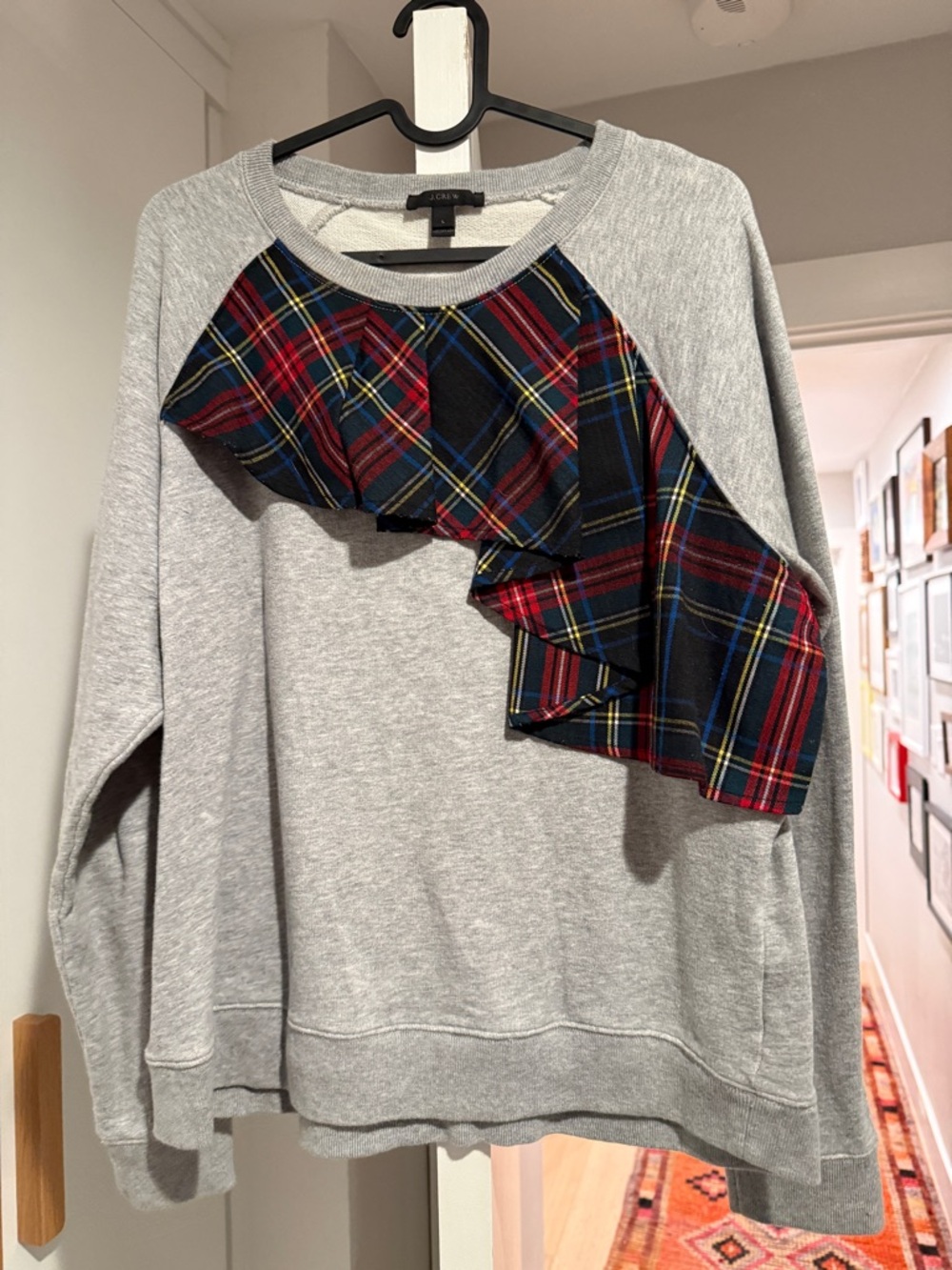 J. Crew Gray Sweatshirt with Red and Navy Plaid Trim